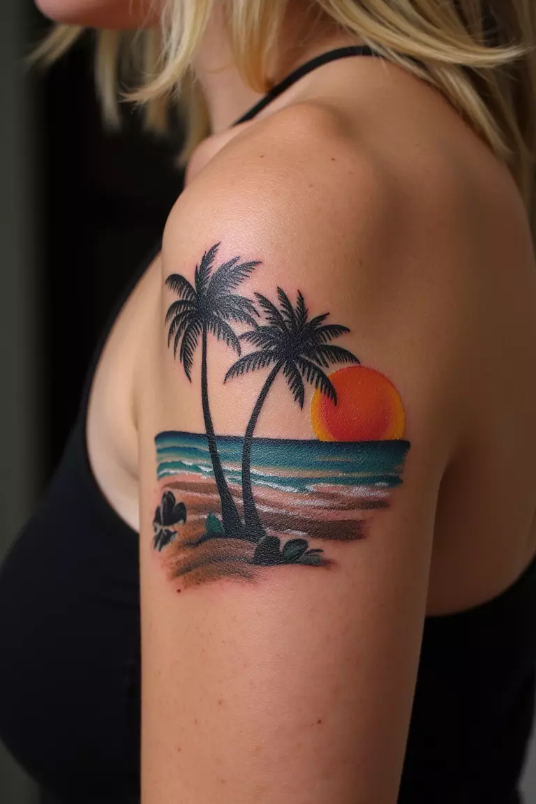 Colored Line Art A close up shot of woman's arm with a black ink tattoo featuring beach design with palm trees and sand, enhanced with colorful ink to create dynamic effect.