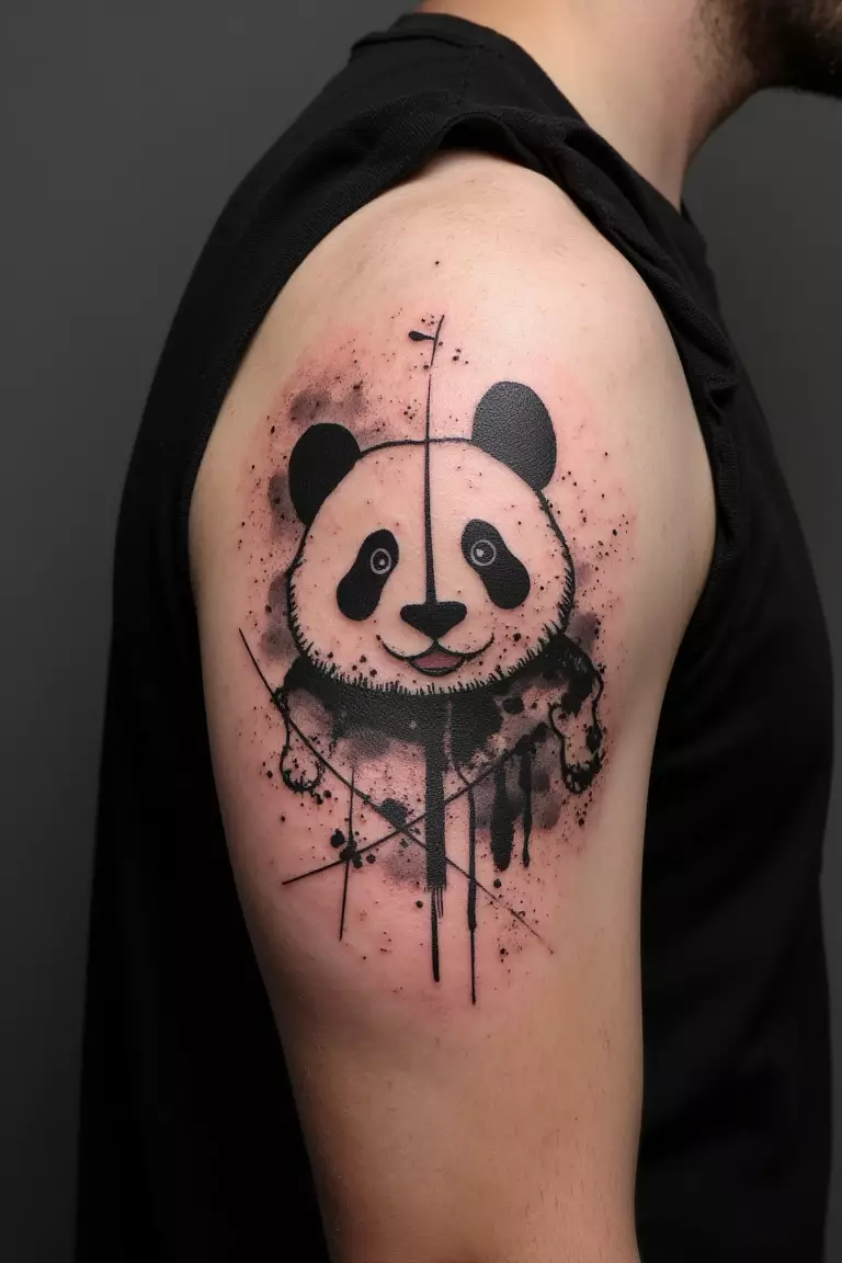 Graphic/Sketch/Dotwork Panda Tattoo On Man’s Arm A close up shot of man with a graphic/sketch/dotwork panda tattoo on his arm.