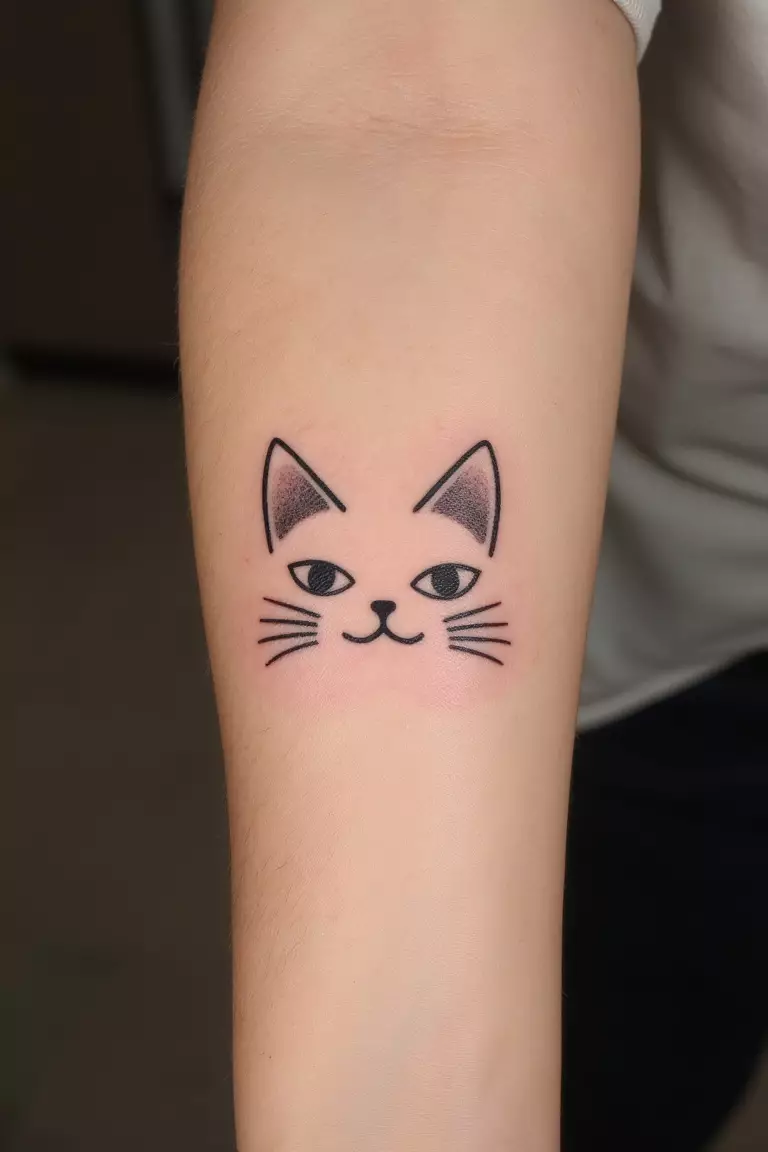 Minimalist Maneki-Neko Face A close up shot of woman's arm with a black ink minimalist Maneki-Neko (Lucky Cat) face tattoo