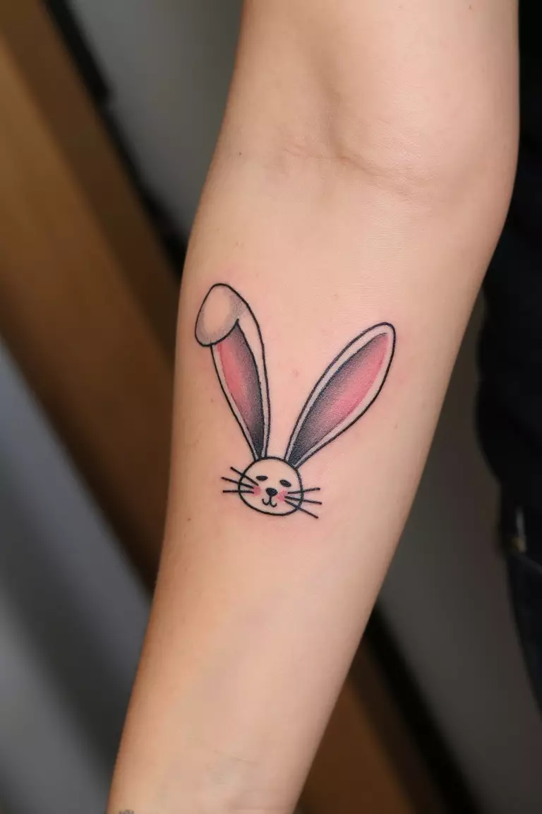 Cute Cartoon Bunny With Big Ears A close up shot of woman's arm with a black ink cute cartoon bunny with big ears tattoo