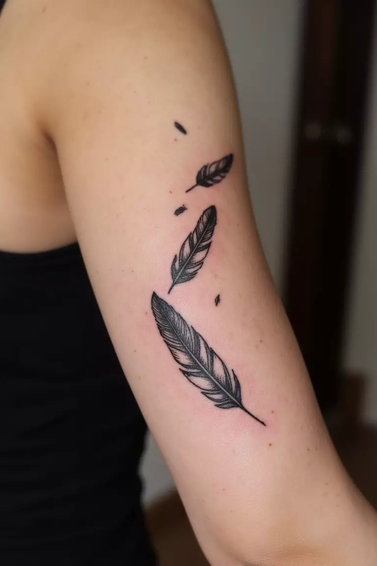 Floating Feathers Tattoo A close up shot of woman's arm with a black ink floating feathers tattoo, multiple feathers appearing to drift in wind