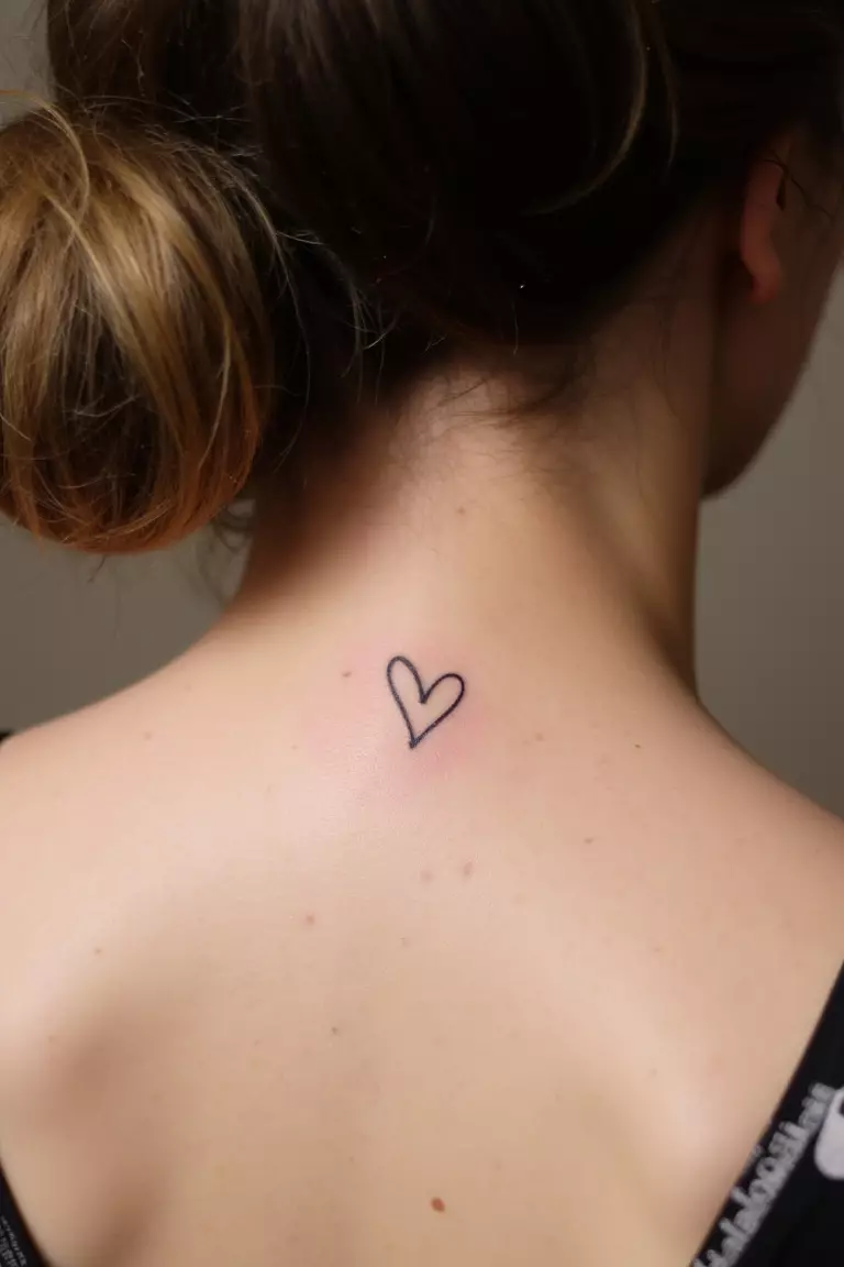 Tiny Heart Tattoo A close up shot of woman's neck from the back with a black ink tiny heart tattoo