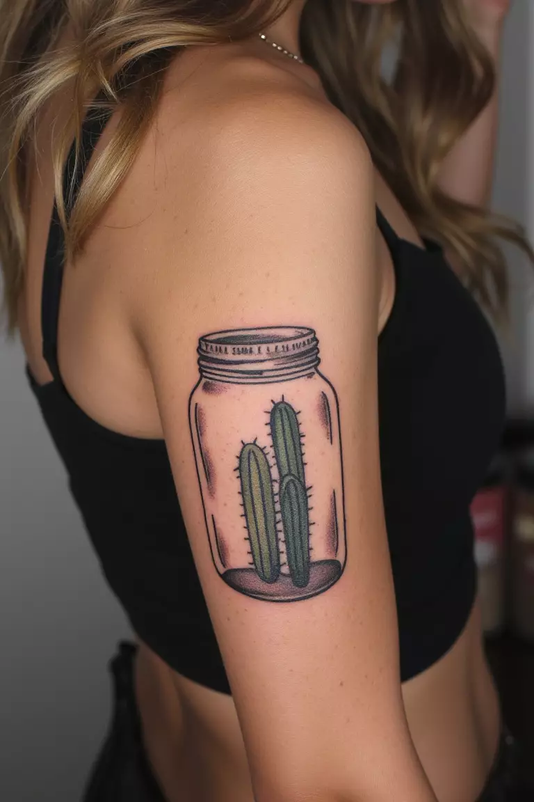 Cactus Inside a Mason Jar A close up shot of a woman showing her black ink cactus inside a mason jar tattoo on her arm