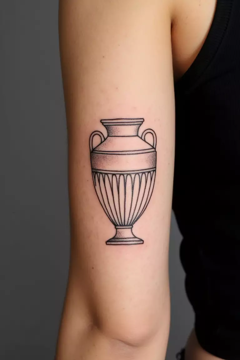 Small Greek Vase A close up shot of woman's arm with a black ink tattoo depicting a minimalist ancient Greek vase with clean lines and cultural significance.