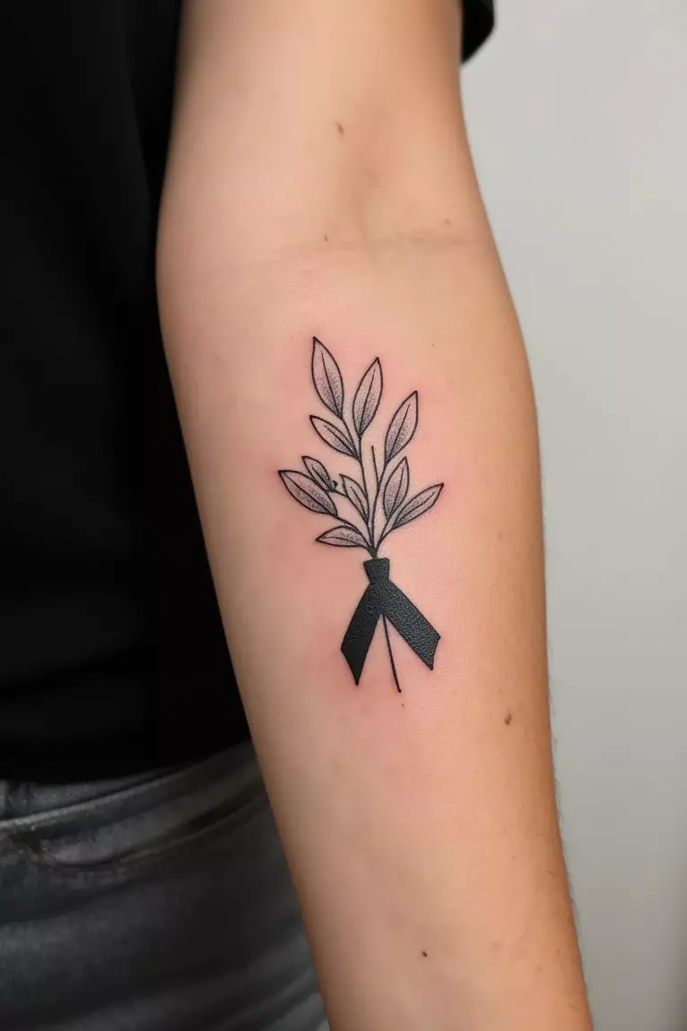 Olive Branch Tied With A Ribbon A close up shot of woman's arm with a black ink olive branch tied with a ribbon tattoo