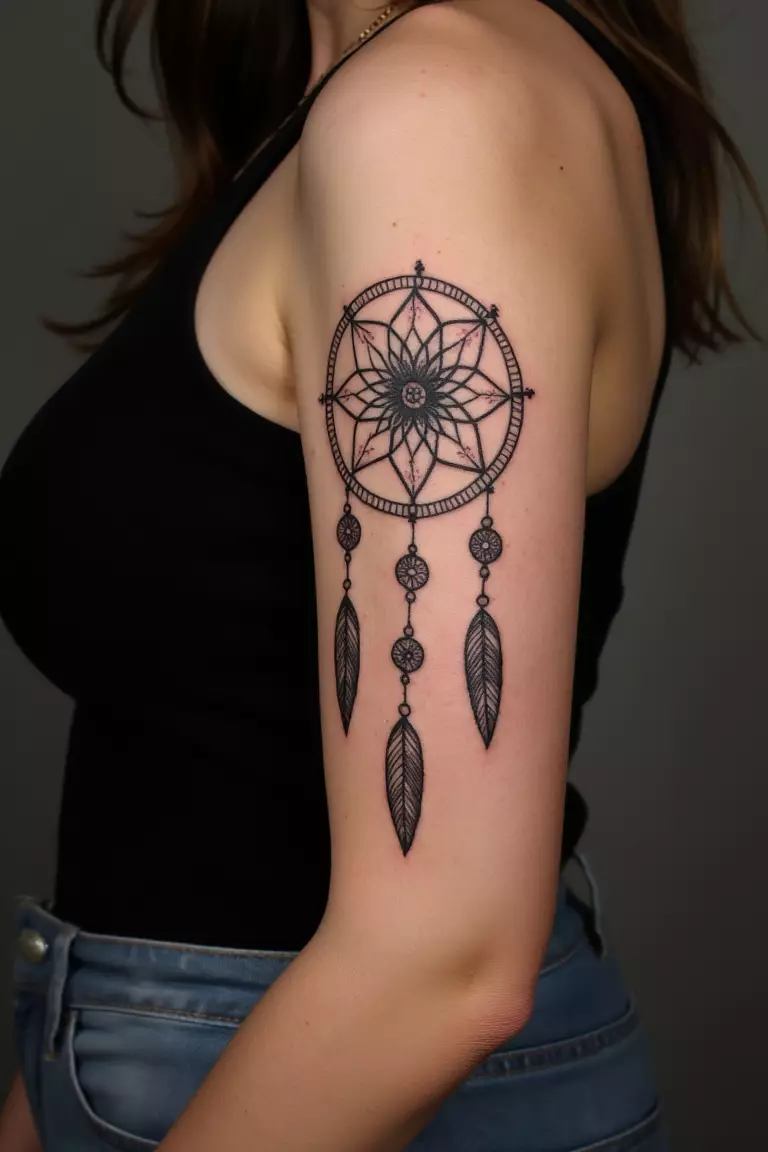 Geometric Dreamcatcher Tattoo A close up shot of woman's arm with a black ink geometric dreamcatcher tattoo.