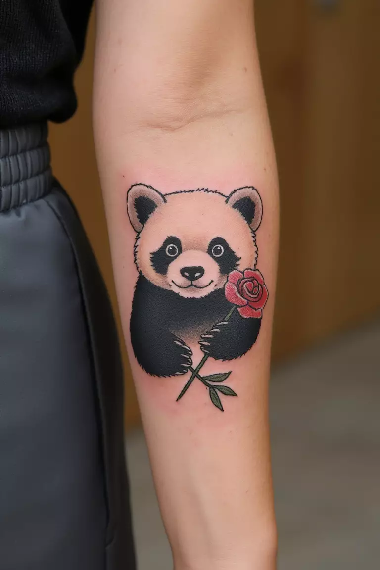 Fineline Panda Holding a Flower Ankle Tattoo A close up shot of woman's arm with a fineline panda holding a flower tattoo.