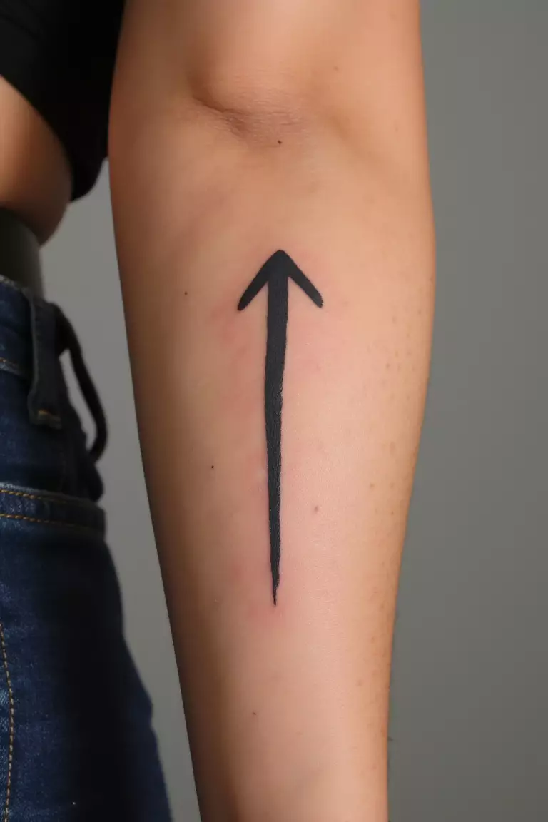 Arrow Pointing Upward Tattoo A close up shot of woman's arm with a black ink arrow pointing upward tattoo, symbolizing growth and positivity