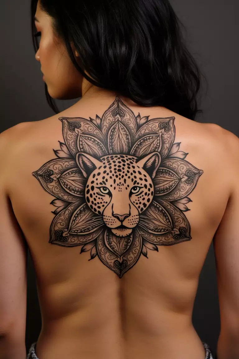 Leopard Surrounded by Mandala Patterns A photo of a woman showing her spiritual leopard tattoo surrounded by intricate mandala patterns on her back