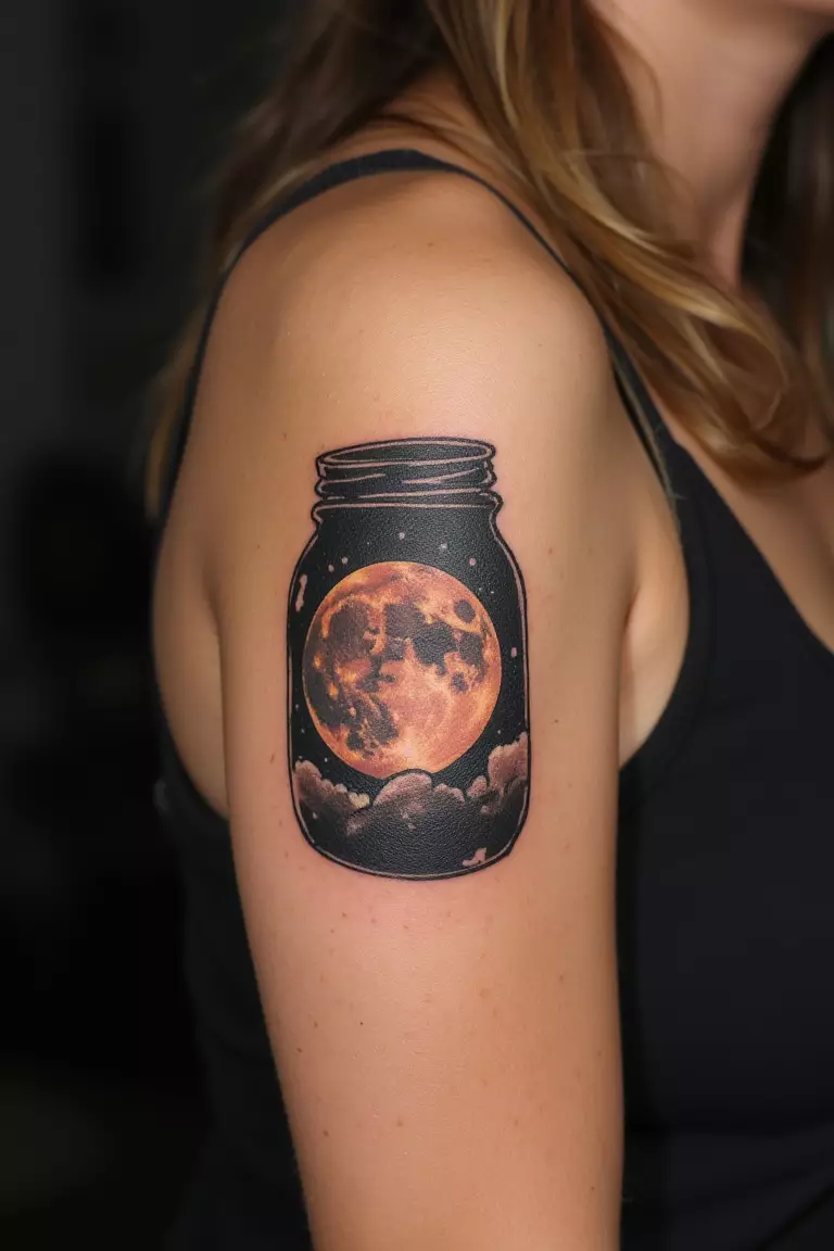 Moon in a Mason Jar A close up shot of woman's arm with a black ink tattoo of a glowing moon in a mason jar.
