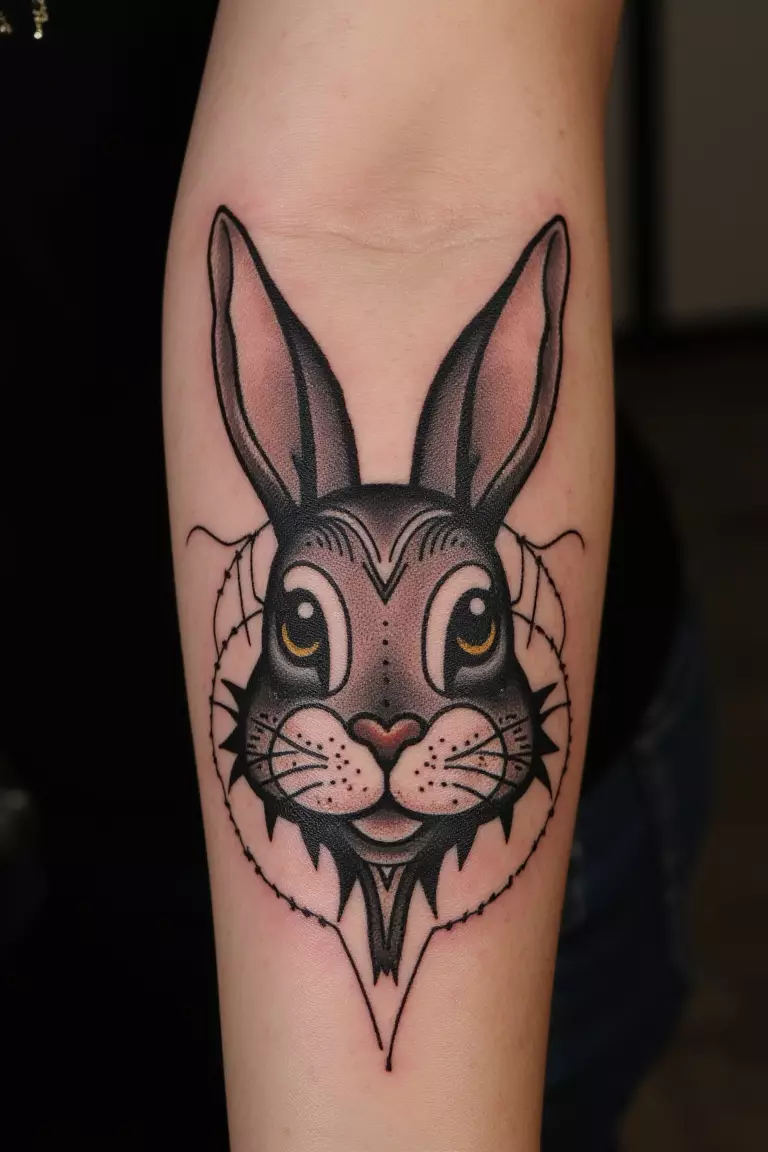 Bunny Face With Tribal Patterns A close up shot of woman's arm with a black ink bunny face with tribal patterns tattoo