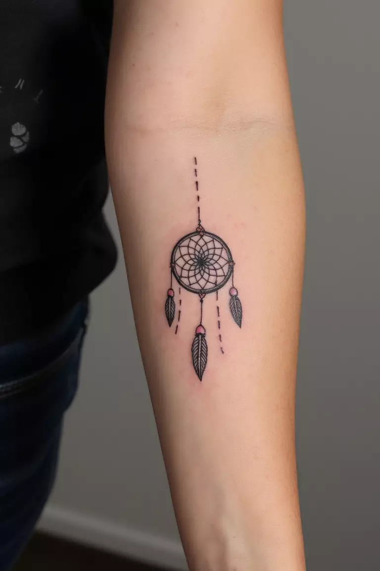 Simple Dreamcatcher Tattoo A close up shot of woman's arm with a black ink simple dreamcatcher tattoo.