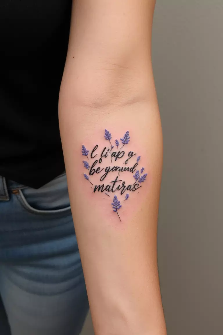 Lavender with Script A close up shot of woman's arm with a lavender with script tattoo