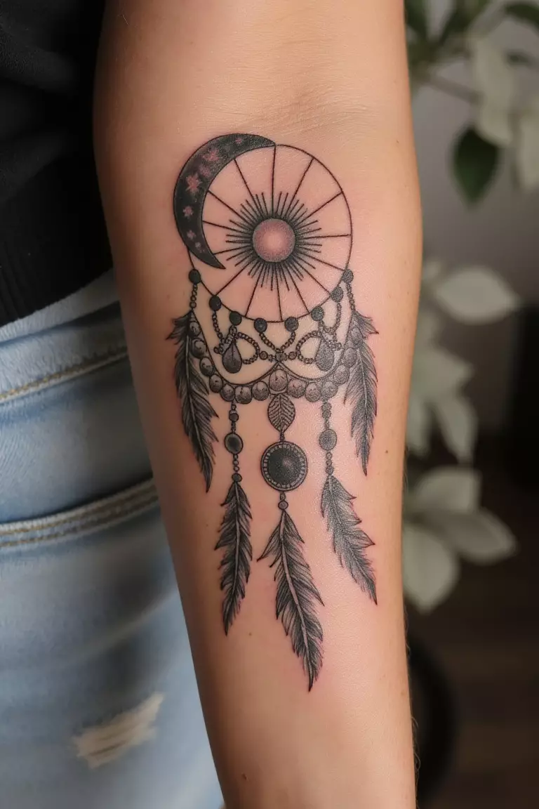 Sun and Moon Dreamcatcher Tattoo A close up shot of woman's arm with a black ink sun and moon dreamcatcher tattoo.