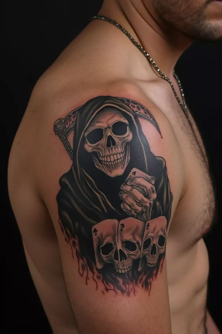 Grim Reaper Holding Playing Cards With Skull Designs A close up shot of man's shoulder with a black ink grim reaper holding playing cards with skull designs tattoo