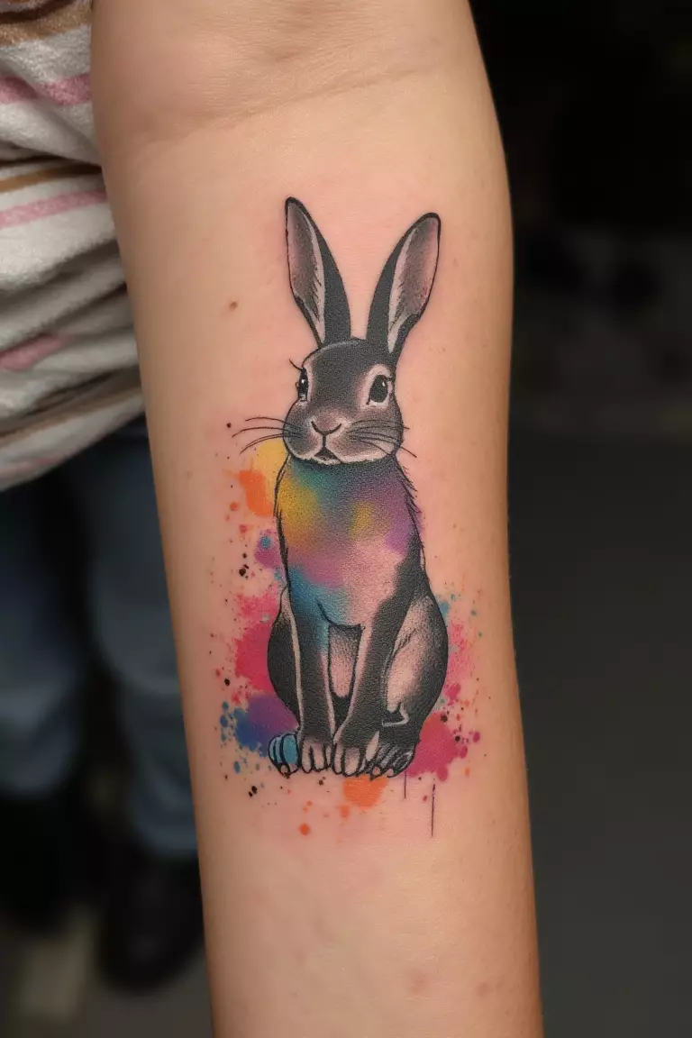 Bunny With Watercolor Splashes A close up shot of woman's arm with a black ink bunny with watercolor splashes tattoo