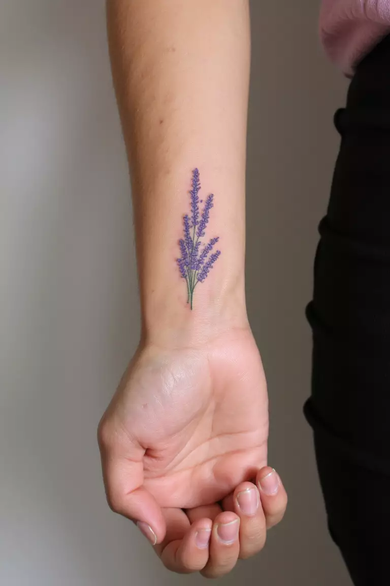 Lavender on Wrist A close up shot of woman's wrist with a lavender tattoo