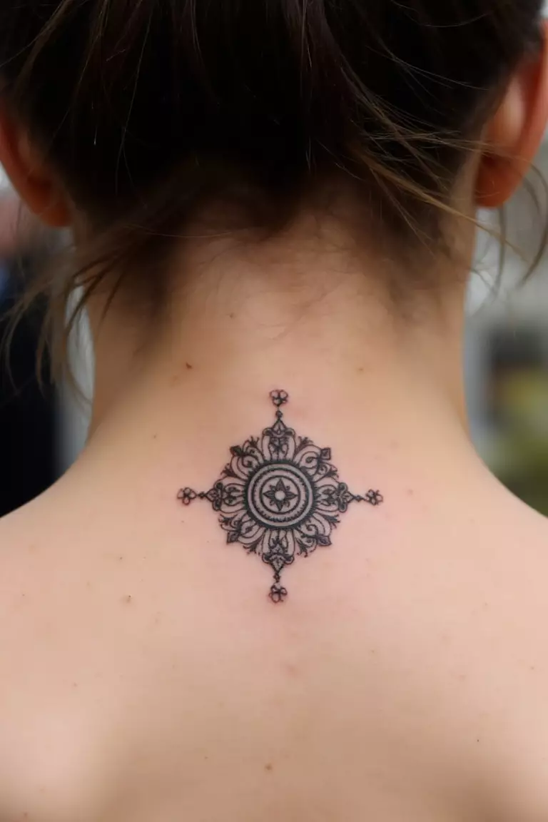 Tiny Mandala Tattoo A close up shot of woman's neck from the back with a black ink tiny mandala tattoo