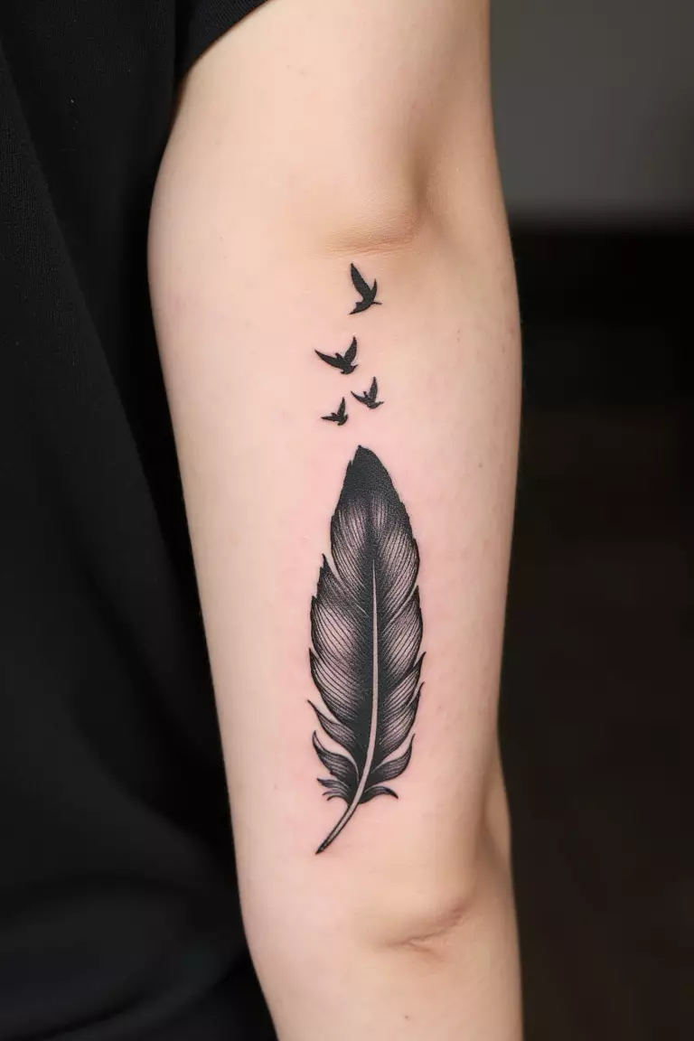 Feather With Bird Silhouette A close up shot of woman's arm with a black ink feather with bird silhouette tattoo, small birds flying from feather tip