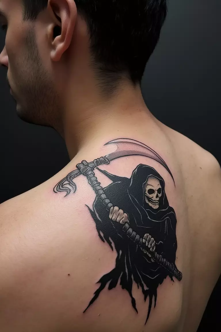 Minimalist Grim Reaper Outline With a Scythe A close up shot of man's shoulder with a black ink minimalist grim reaper outline
