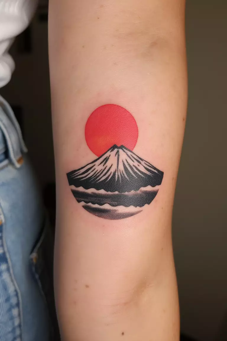 Volcanic Magic A close up shot of woman's arm with a black ink tattoo of Mount Fuji with a red sun above it, creating an ethereal summer vibe.