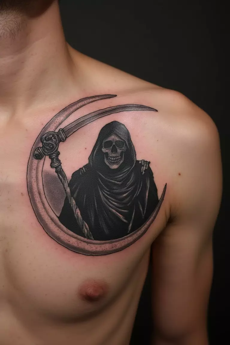 Grim Reaper Silhouette Inside a Crescent Moon A close up shot of man's shoulder with a black ink grim reaper silhouette inside a crescent moon tattoo