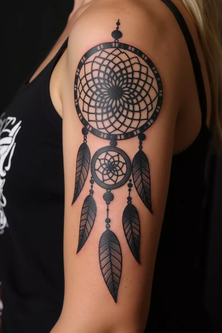 Mandala Dreamcatcher Tattoo A close up shot of woman's arm with a black ink mandala dreamcatcher tattoo.