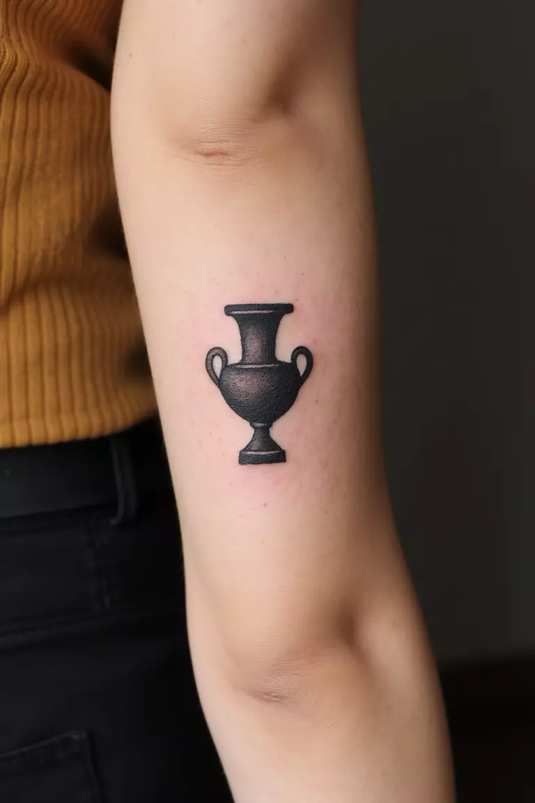 Small Greek Urn A close up shot of woman's arm with a black ink tattoo depicting a minimalist ancient Greek pottery urn, elegant cultural symbol.