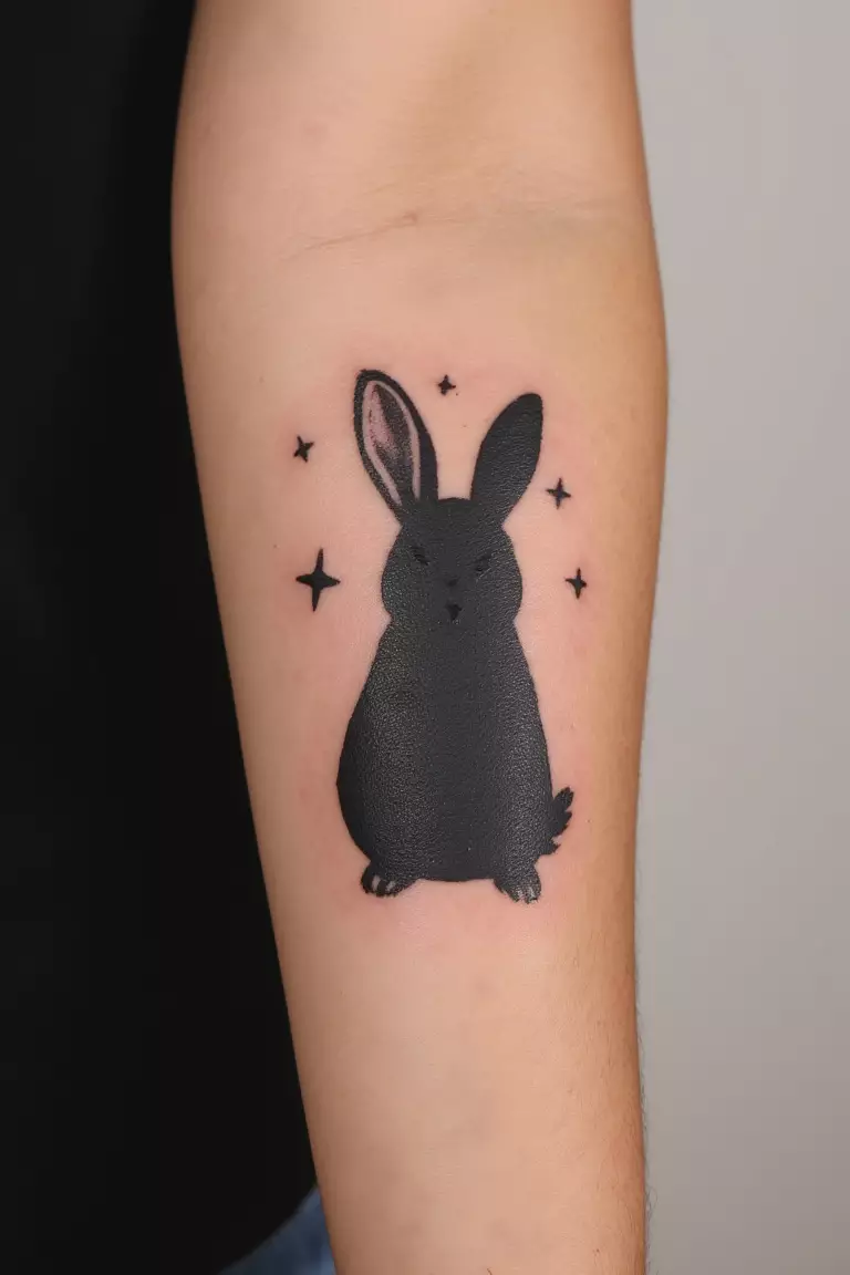 Bunny Silhouette With Stars A close up shot of woman's arm with a black ink bunny silhouette with stars tattoo