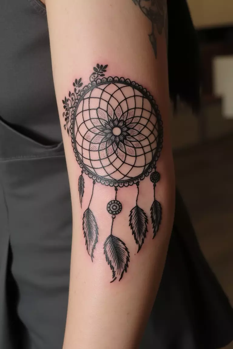 Floral Dreamcatcher Tattoo A close up shot of woman's arm with a black ink floral dreamcatcher tattoo.
