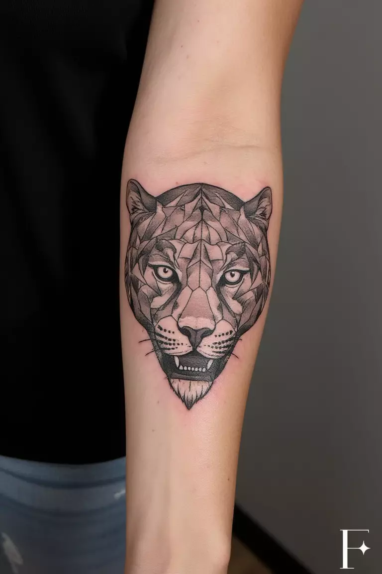 Geometric Leopard Face with Intricate Patterns A photo of a woman showing her geometric leopard face tattoo on her forearm, with intricate patterns and angular lines creating a modern interpretation