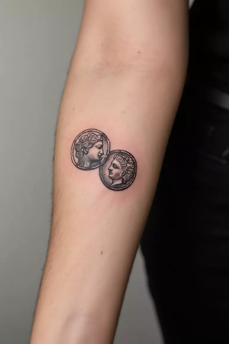 Small Greek Coin A close up shot of woman's arm with a black ink tattoo featuring a minimalist design inspired by ancient Greek coins.