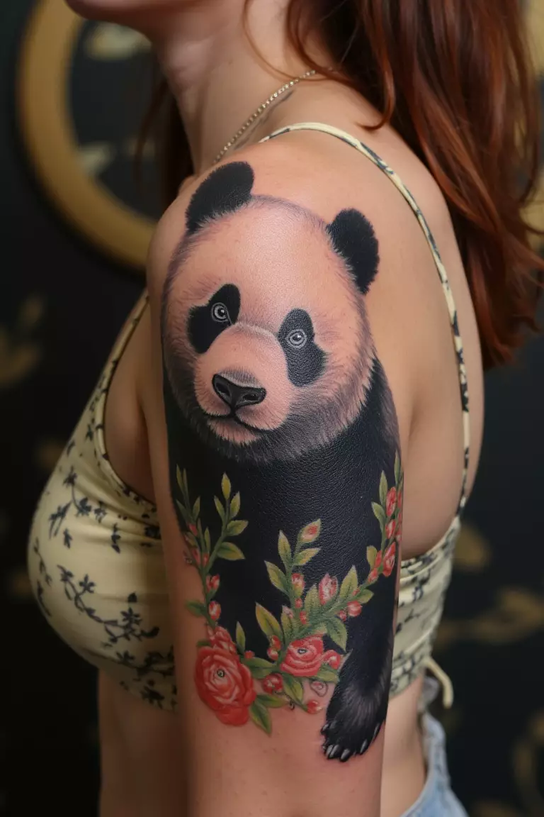 Amazing Painting-Like Panda Tattoo on Calf A close up shot of woman's arm with an amazing painting-like panda tattoo.
