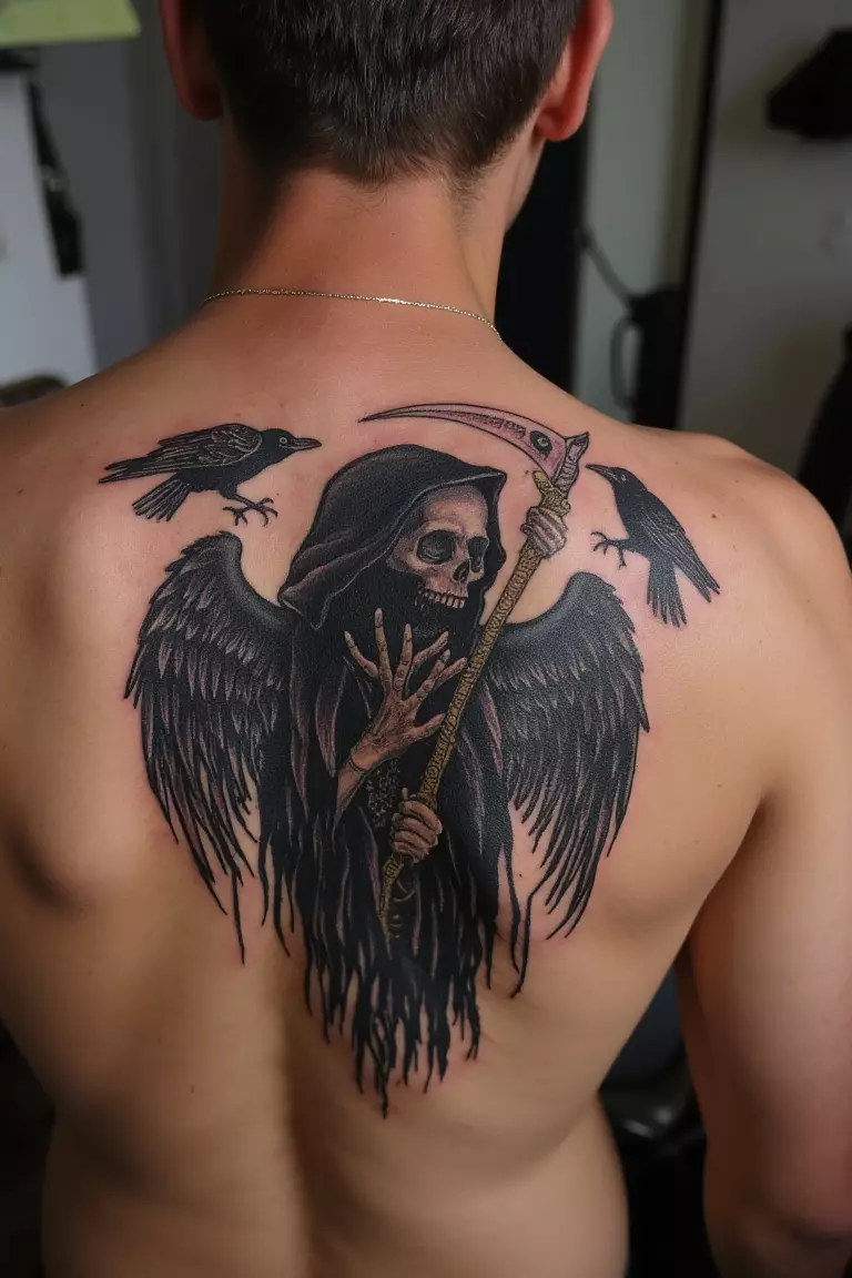 Grim Reaper Surrounded by Ravens or Crows A close up shot of man's shoulder with a black ink grim reaper surrounded by ravens or crows tattoo