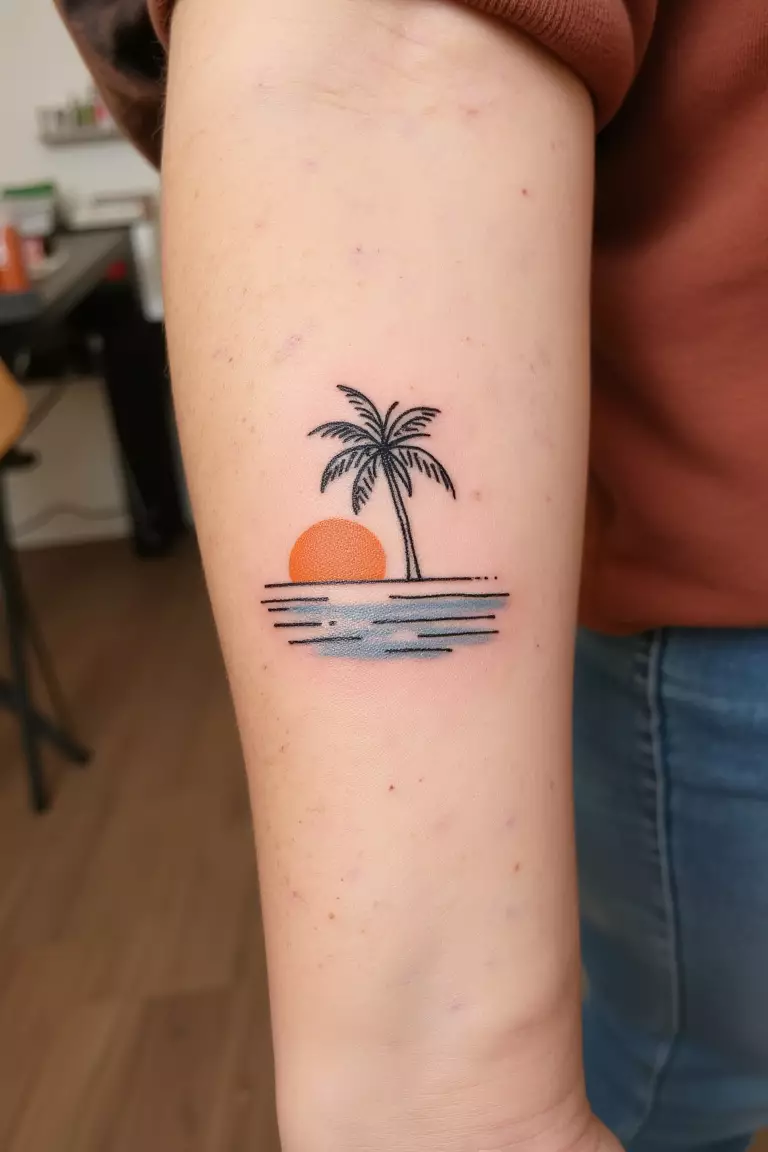 Beach Vacay A close up shot of woman's arm with a black ink tattoo showing fine line palm tree with colored water lines and semi-filled orange sun, elegant beach-inspired trifecta.
