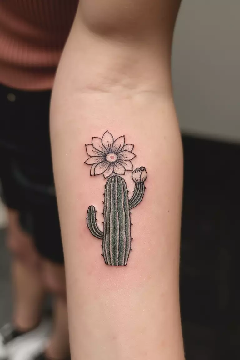 Single Cactus With a Blooming Flower on Top A close up shot of a woman showing her black ink single cactus tattoo with a blooming flower on top on her arm