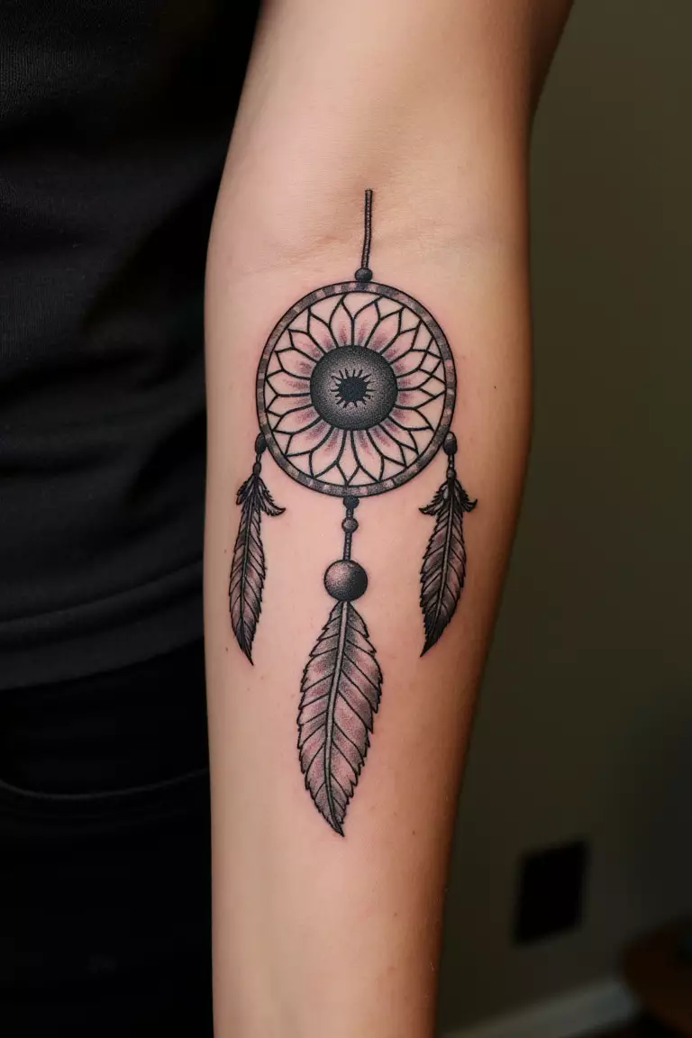 Sunflower Dreamcatcher Tattoo A close up shot of woman's arm with a black ink sunflower dreamcatcher tattoo.