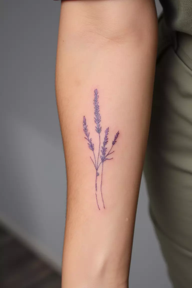 Fine Line Lavender A close up shot of woman's arm with a fine line lavender tattoo