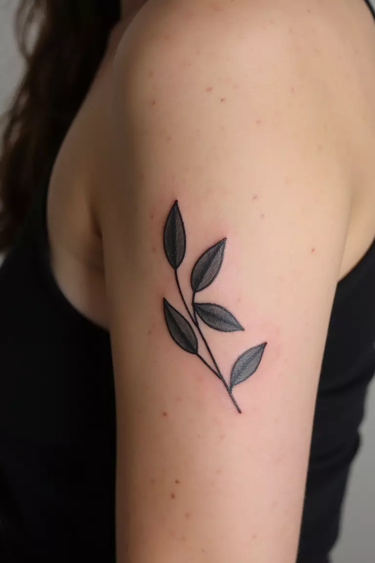 Olive Branch With A Few Leaves A close up shot of woman's arm with a black ink olive branch featuring a few leaves tattoo