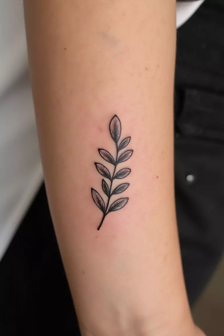 Small Olive Branch A close up shot of woman's arm with a black ink tattoo of a small olive branch inspired by Athena, representing peace and harmony.