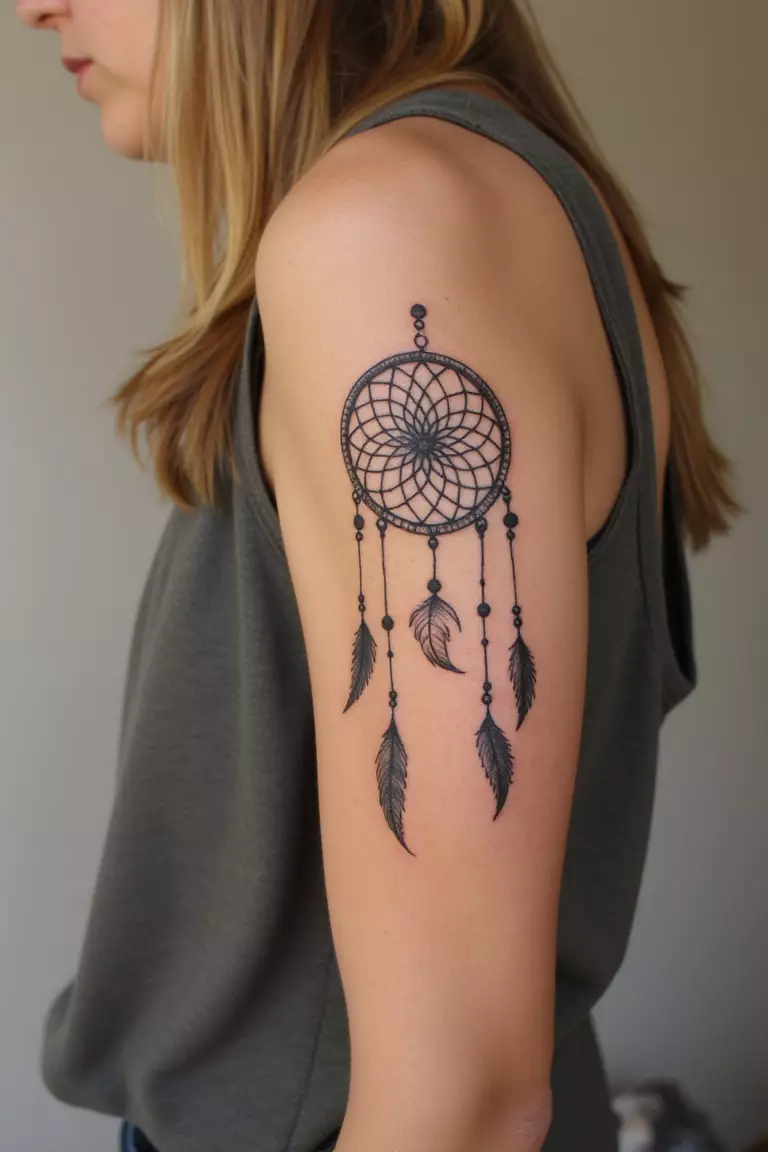 Black Ink Minimalist Dreamcatcher Tattoo A close up shot of woman's arm with a black ink minimalist dreamcatcher tattoo.