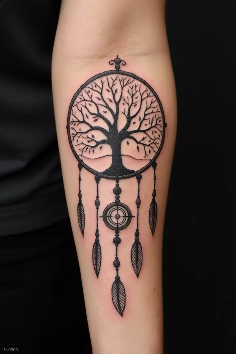 Tree of Life Dreamcatcher Tattoo A close up shot of woman's arm with a black ink tree of life dreamcatcher tattoo.