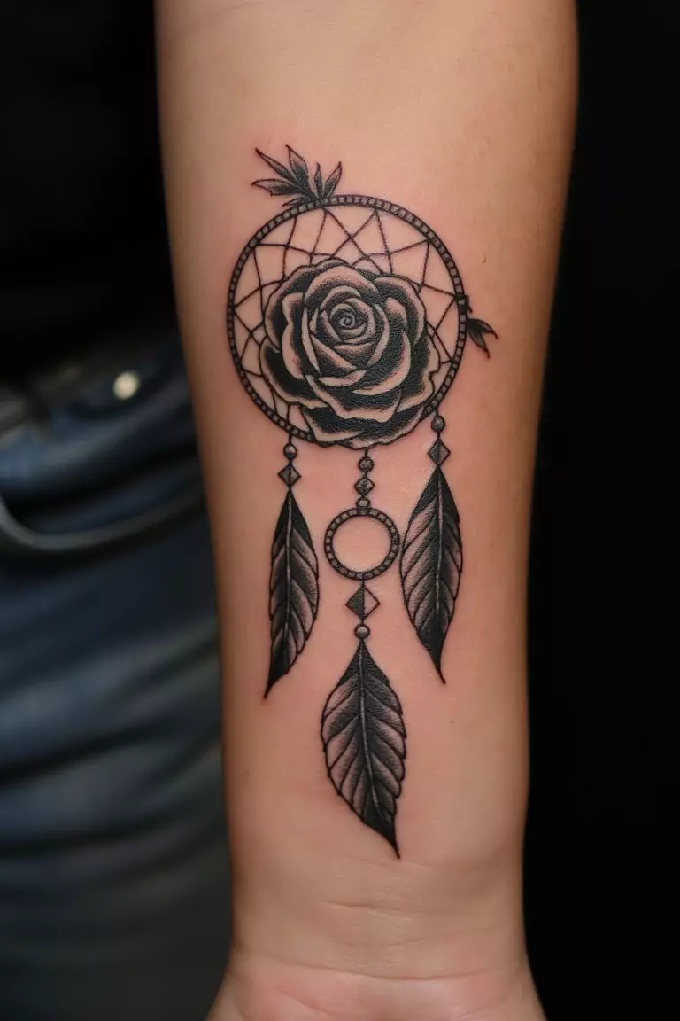 Rose Dreamcatcher Tattoo A close up shot of woman's arm with a black ink rose dreamcatcher tattoo.