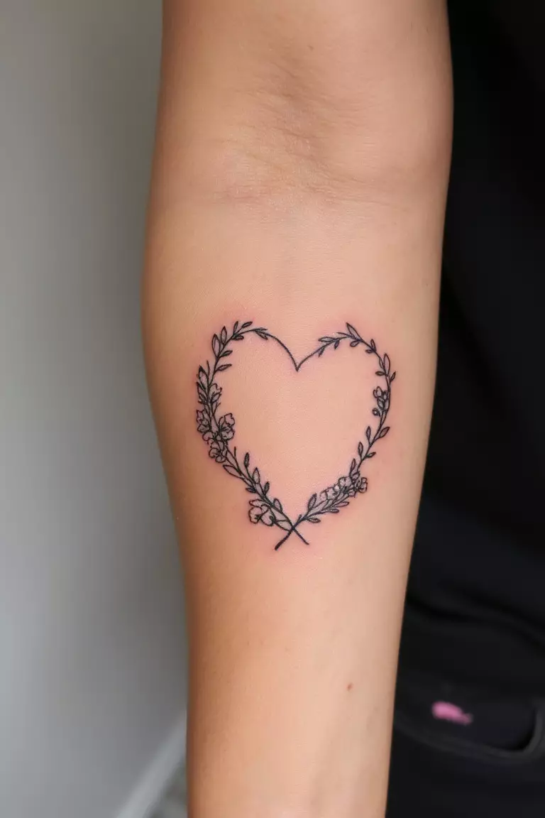 Floral Wreath Heart Tattoo A close up shot of woman's arm with a black ink floral wreath heart tattoo, heart encircled by tiny flowers