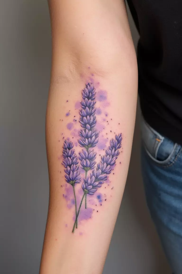 Watercolor Lavender Tattoo A close up shot of woman's arm with a watercolor lavender tattoo