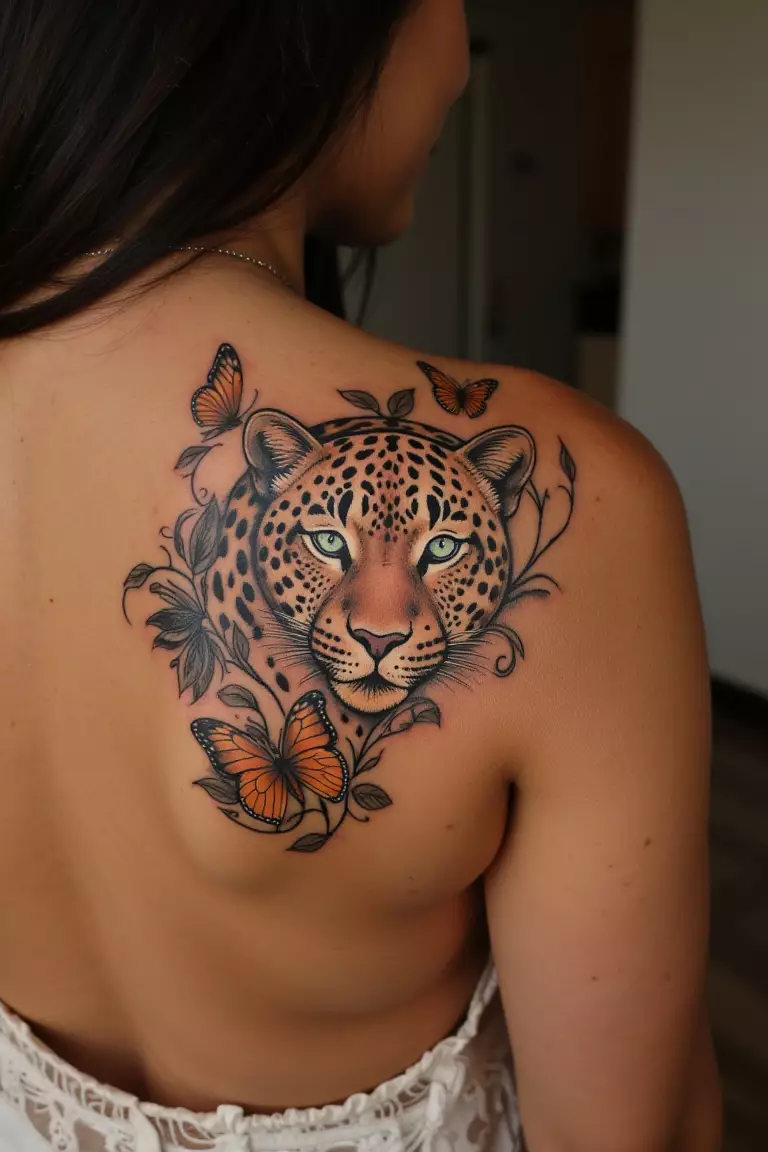Leopard Surrounded by Butterflies and Vines A photo of a woman showing her feminine leopard tattoo surrounded by butterflies and vines on her shoulder