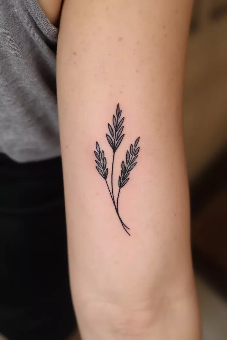 Minimalist Olive Branch Outline A close up shot of woman's arm with a black ink minimalist olive branch outline tattoo