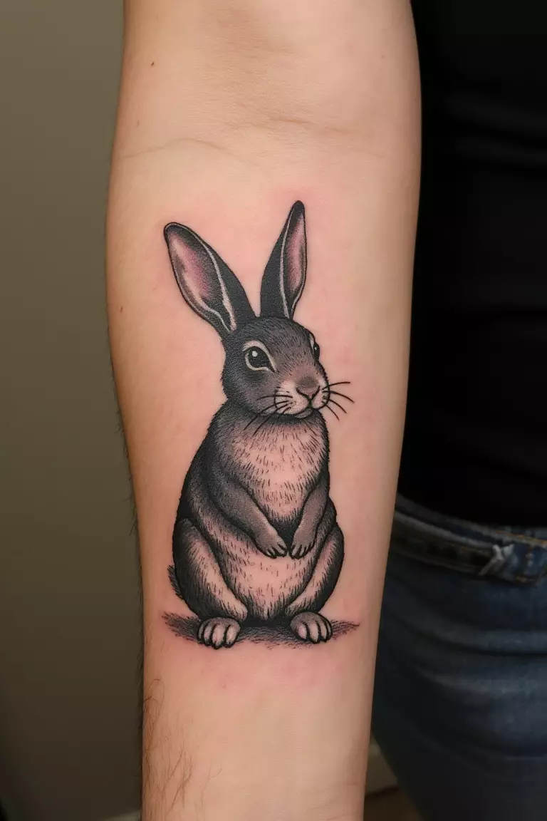 Vintage-Inspired Bunny Tattoo A close up shot of woman's arm with a black ink vintage-inspired bunny tattoo