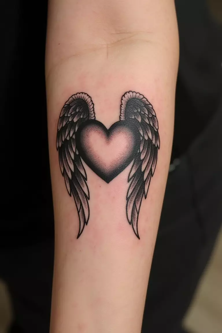 Heart with Wings Tattoo A close up shot of woman's arm with a black ink heart with wings tattoo, angelic feathered wings attached