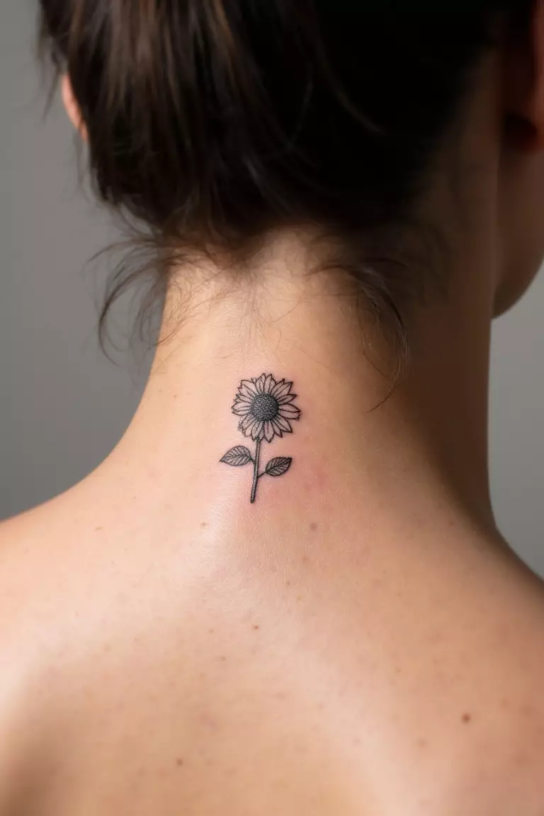 Tiny Sunflower Tattoo A close up shot of woman's neck from the back with a black ink tiny sunflower tattoo